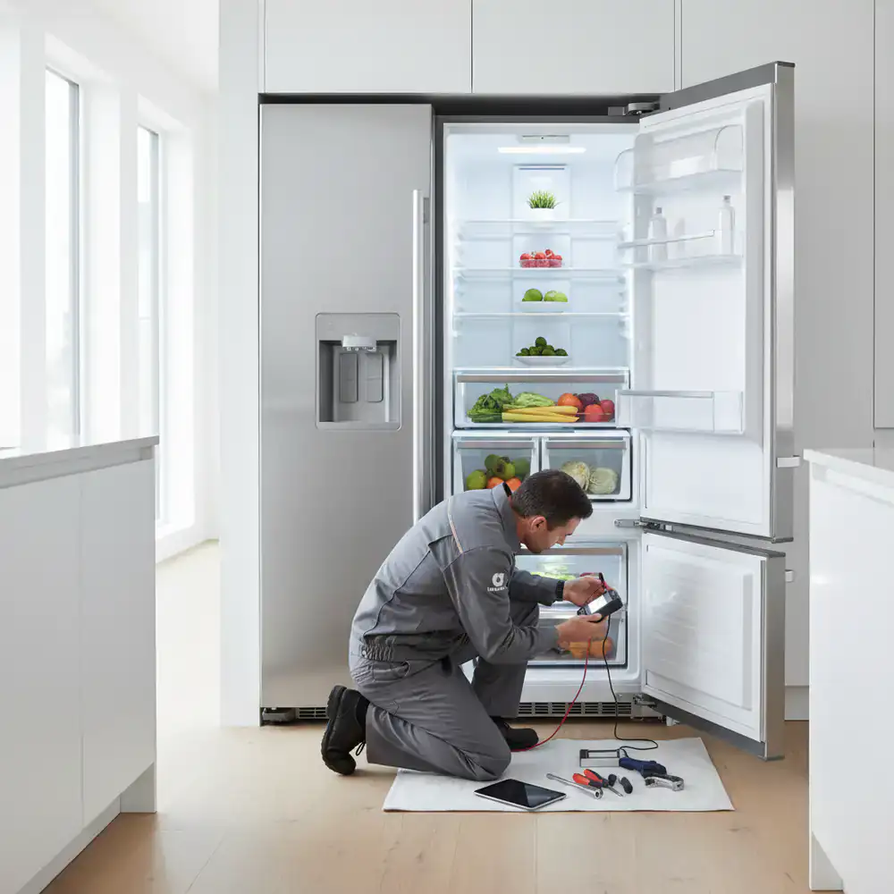 Technicus inspecteert een moderne inbouwkoelkast