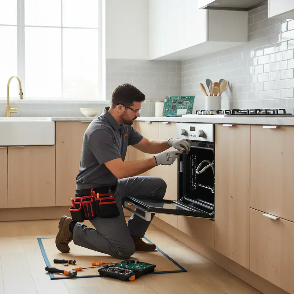 Monteur repareert een moderne oven in een keuken